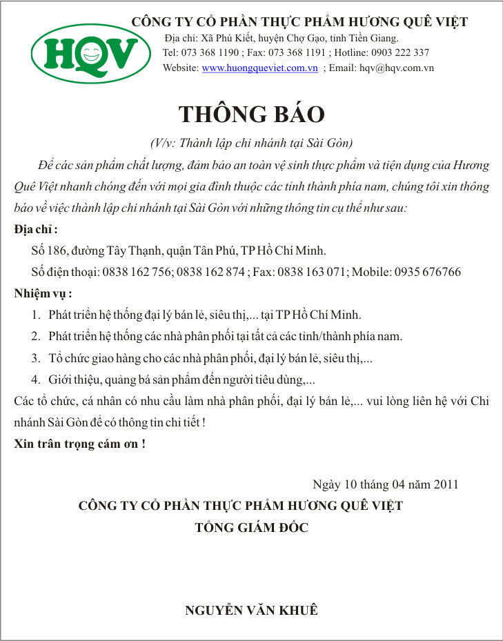Thông báo thành lập chi nhánh tại Sài Gòn